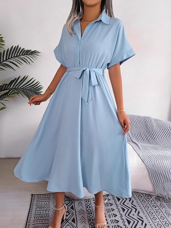 Loose Short Sleeves Solid Color Split-Joint Tied Waist Lapel Midi Dresses Shirt Dress Product Image