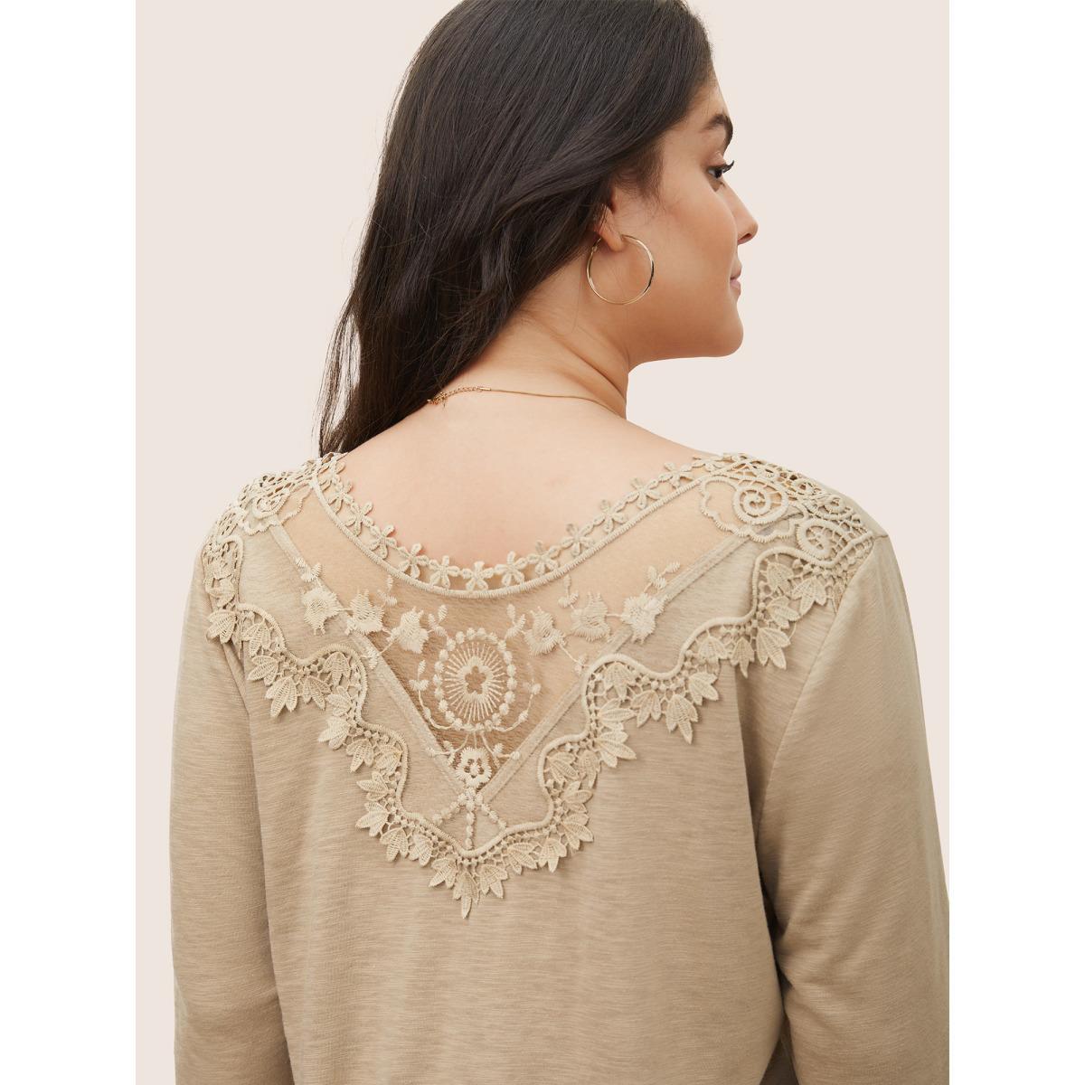 Plus Size Plain Heather Lace Mesh Patchwork T-shirt Tan Women Elegant Non Plain V-neck Everyday T-shirts BloomChic 30/6X Product Image
