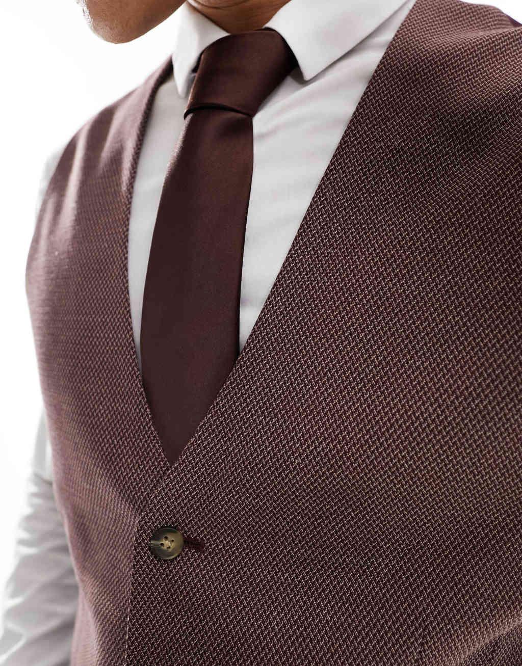ASOS DESIGN wedding skinny suit vest in burgundy microtexture Product Image