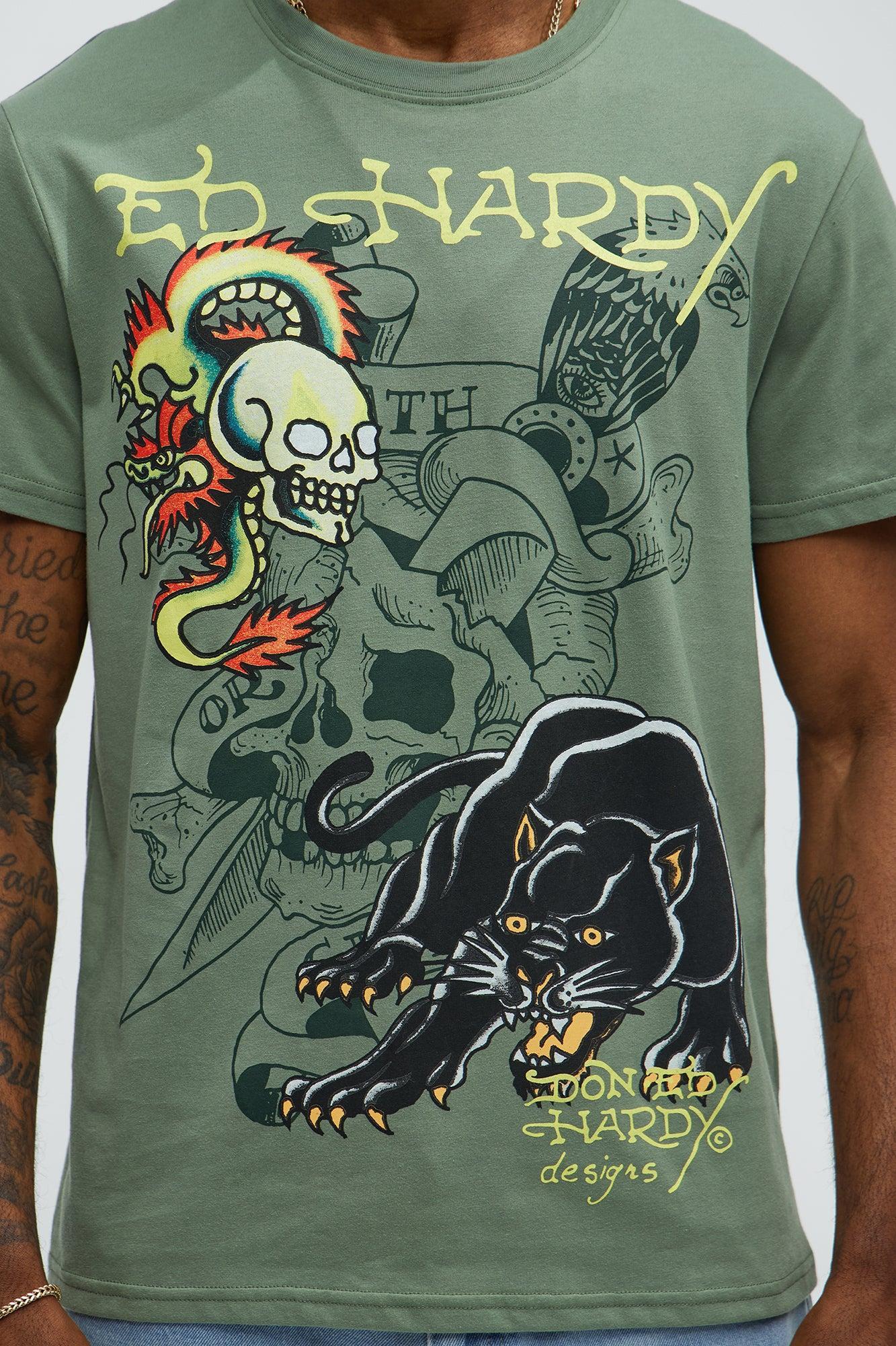 Ed Hardy Dragon Panther Tattoo Short Sleeve Tee - Olive Male Product Image