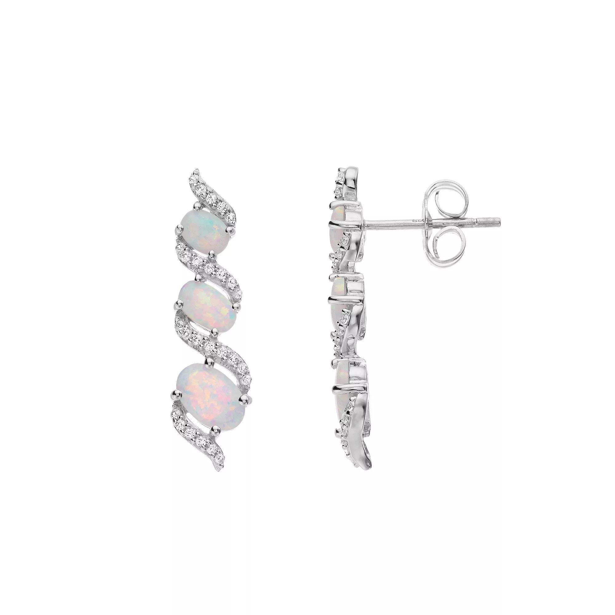 Sterling Silver Lab-Created White Opal & Lab-Created White Sapphire 3-Stone Earrings, Women's Product Image