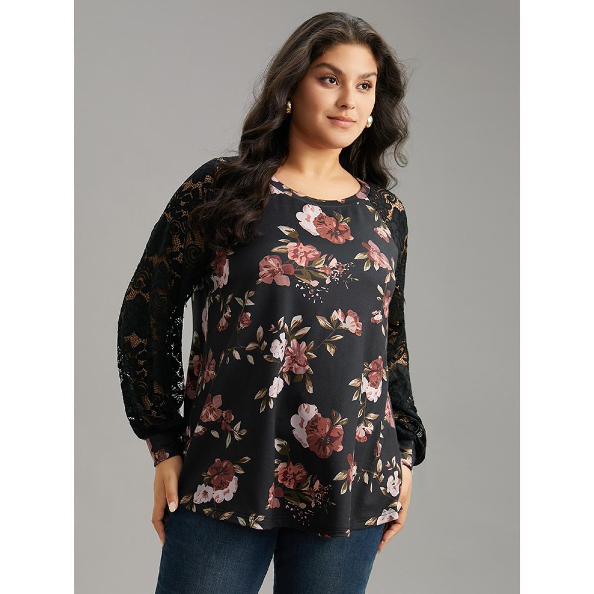 Plus Size Floral Lace Panel Raglan Sleeve Sweatshirt Women Black Elegant Printed Round Neck Dailywear Sweatshirts BloomChic 22-24/3X Product Image
