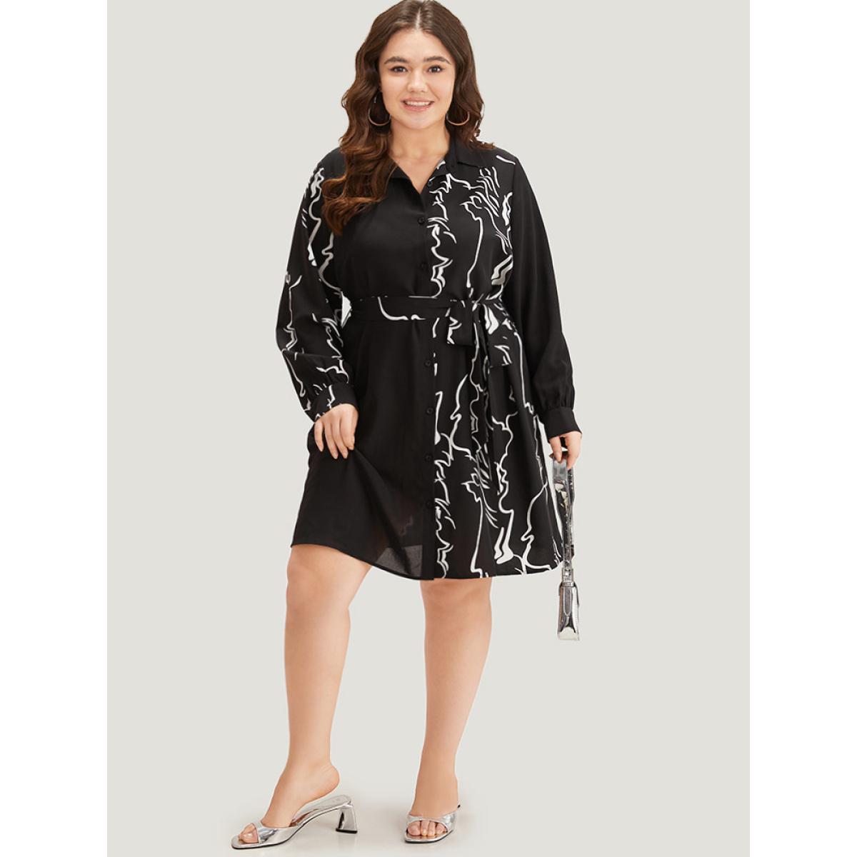 Plus Size Graphic Shirt Collar Pocket Button Through Belted Dress BlackFlower Women Office Belted Shirt collar Long Sleeve Curvy Knee Dress BloomChic 22-24/3X Product Image