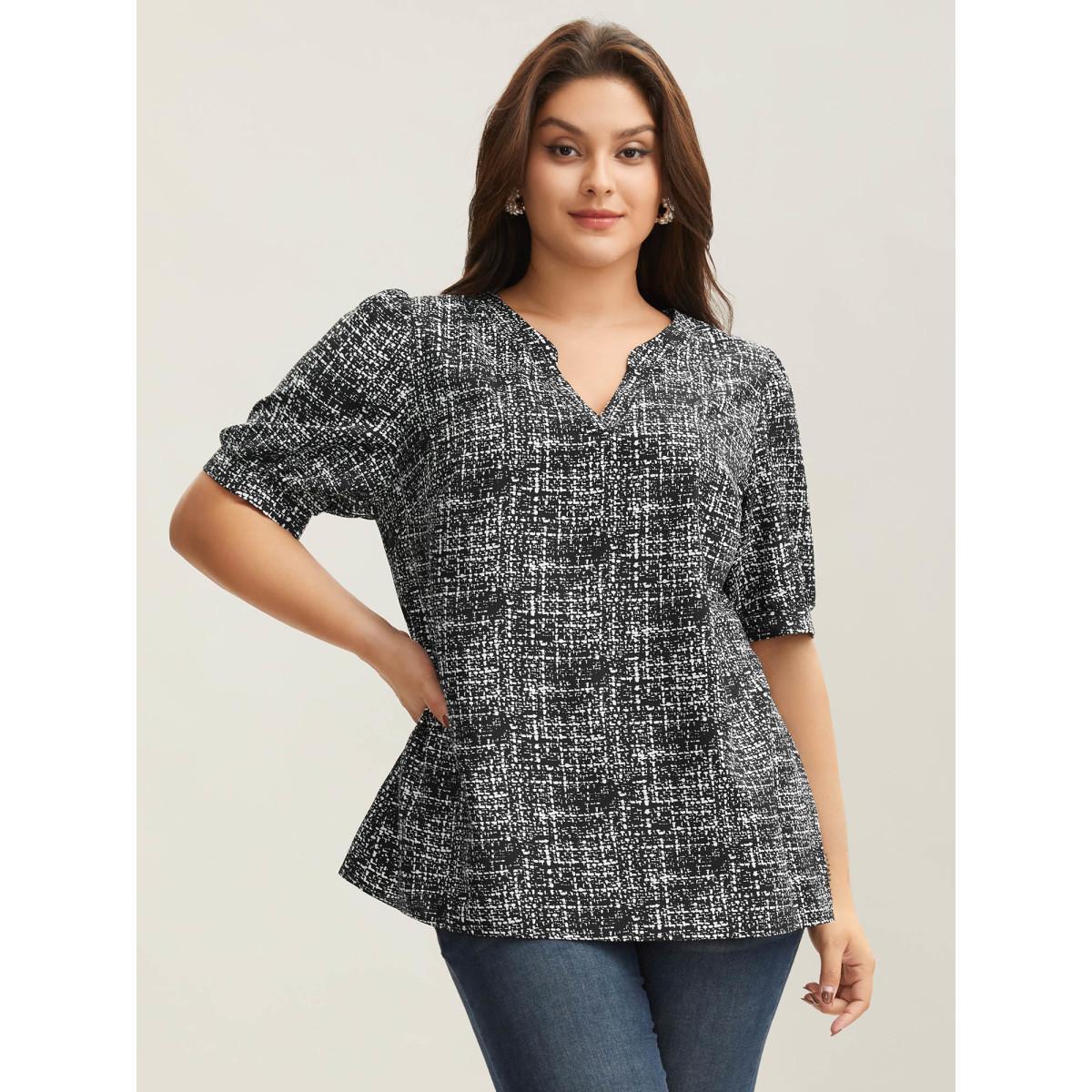 Plus Size Black Geometric Print Puff Sleeve Blouse Women Elegant Short sleeve Flat collar with V-notch Everyday Blouses BloomChic 12/L Product Image