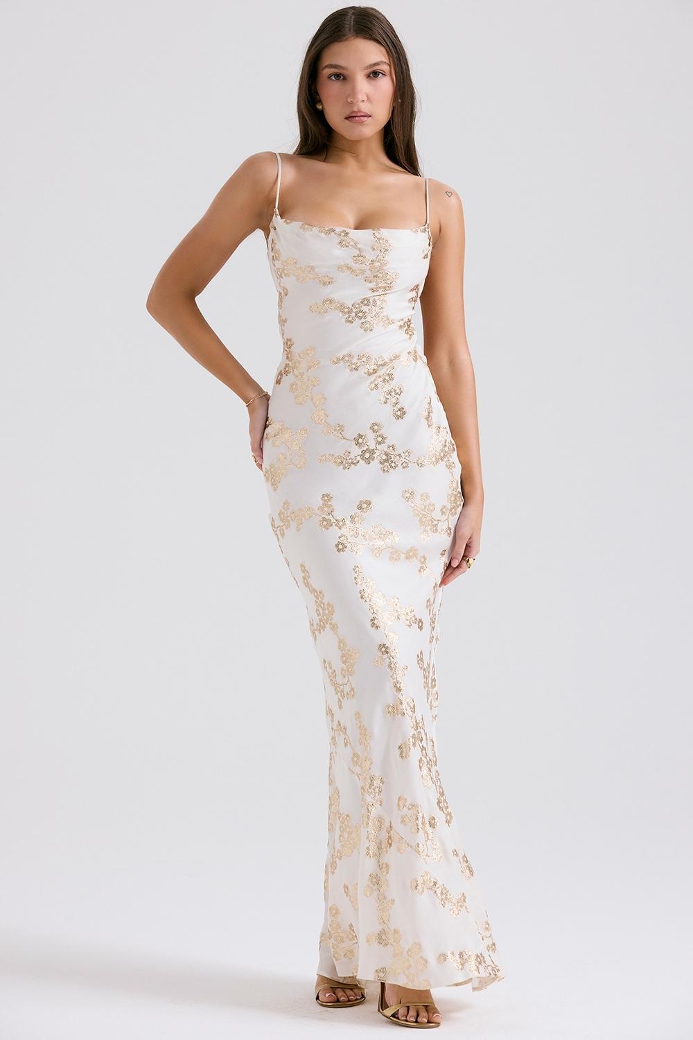 Capriana  white & gold jacquard satin gown Product Image