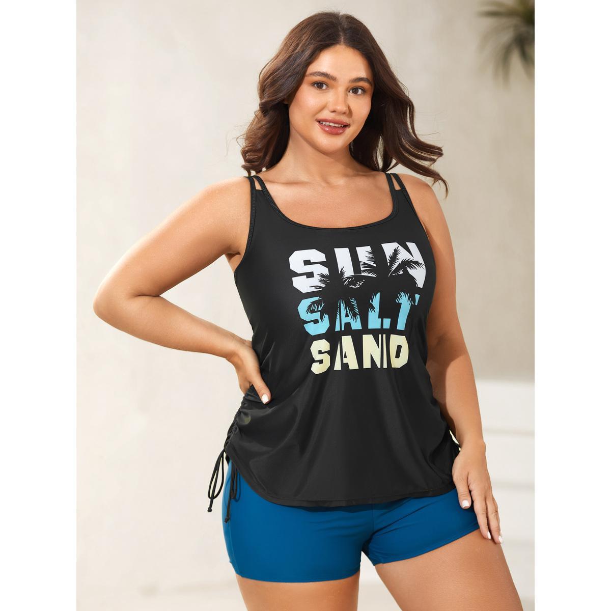 Plus Size Sun Salt Sand Print Swim Top Women's Swimwear Black Beach Drawstring High stretch Bodycon U-neck Curve Swim Tops BloomChic 28/5X Product Image