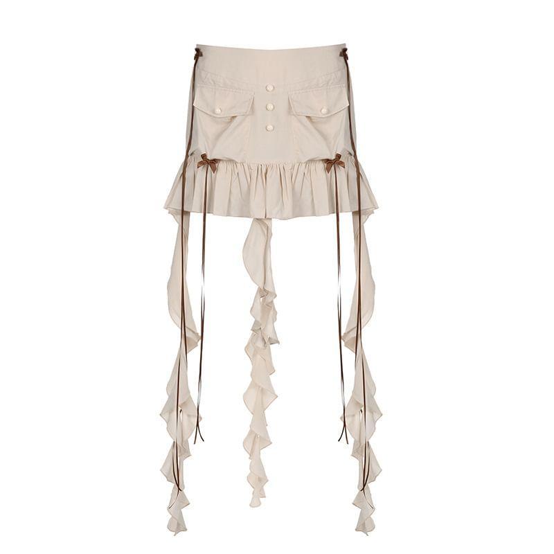 Low Rise Bow Accent Ruffled Asymmetric-Hem Mini Pencil Skirt Product Image
