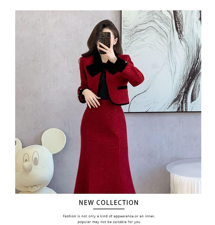 Set: Bow Contrast Trim Jacket + High Rise Mini Mermaid Skirt Product Image