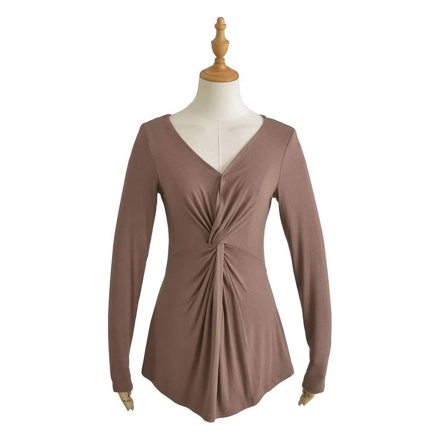 Long-Sleeve V-Neck Twist Drawstring Long T-Shirt Product Image