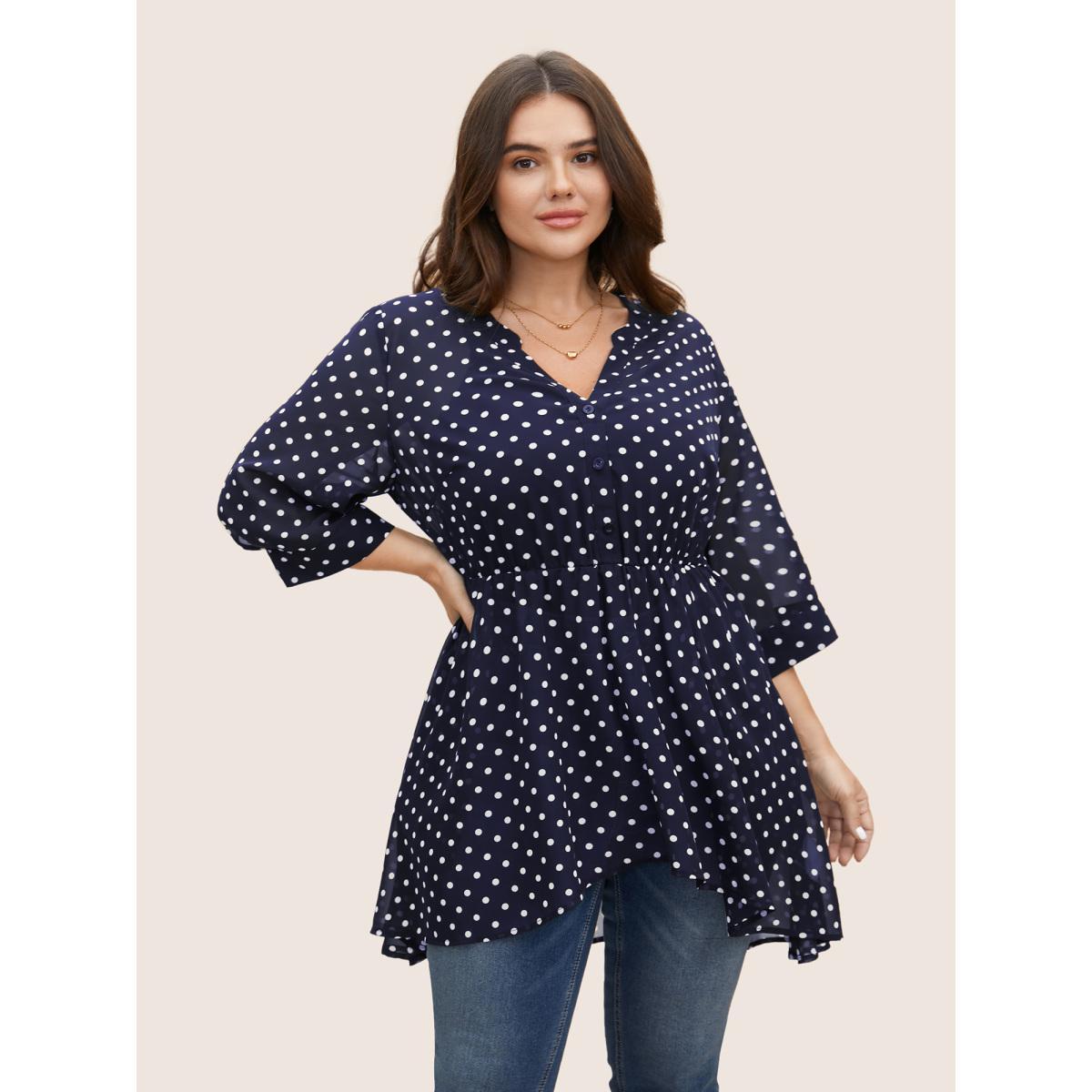 Plus Size Indigo Chiffon Polka Dot Button Detail Blouse Women Elegant Elbow-length sleeve Flat collar with V-notch Everyday Blouses BloomChic 18-20/2X Product Image