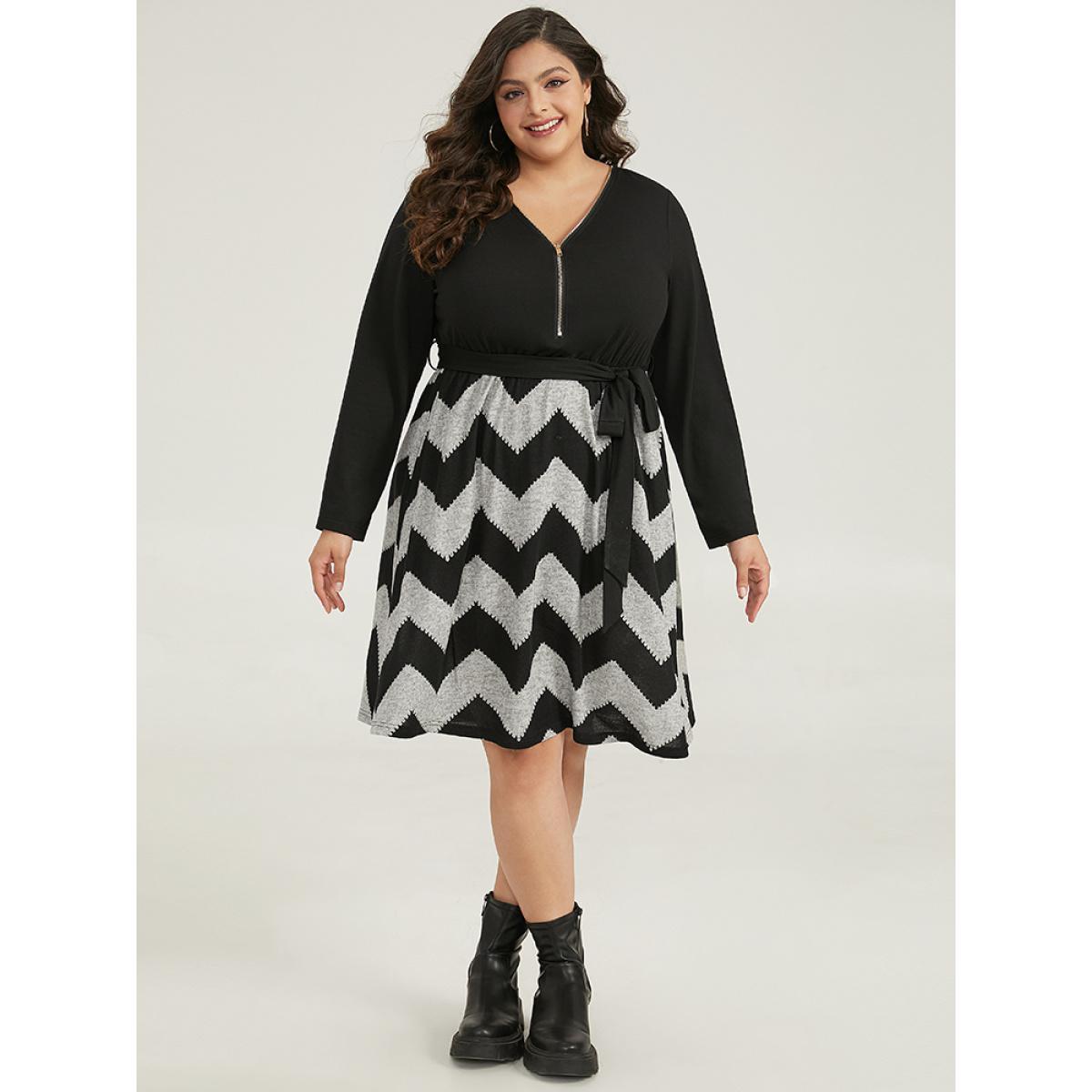 Plus Size Striped Pocket Elastic Waist Patchwork Zipper Dress Black Women Casual Zipper V-neck Long Sleeve Curvy Midi Dress BloomChic 14-16/1X Product Image