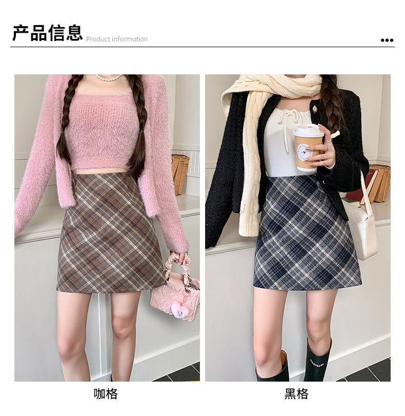High Rise Plaid Mini A-Line Skirt Product Image