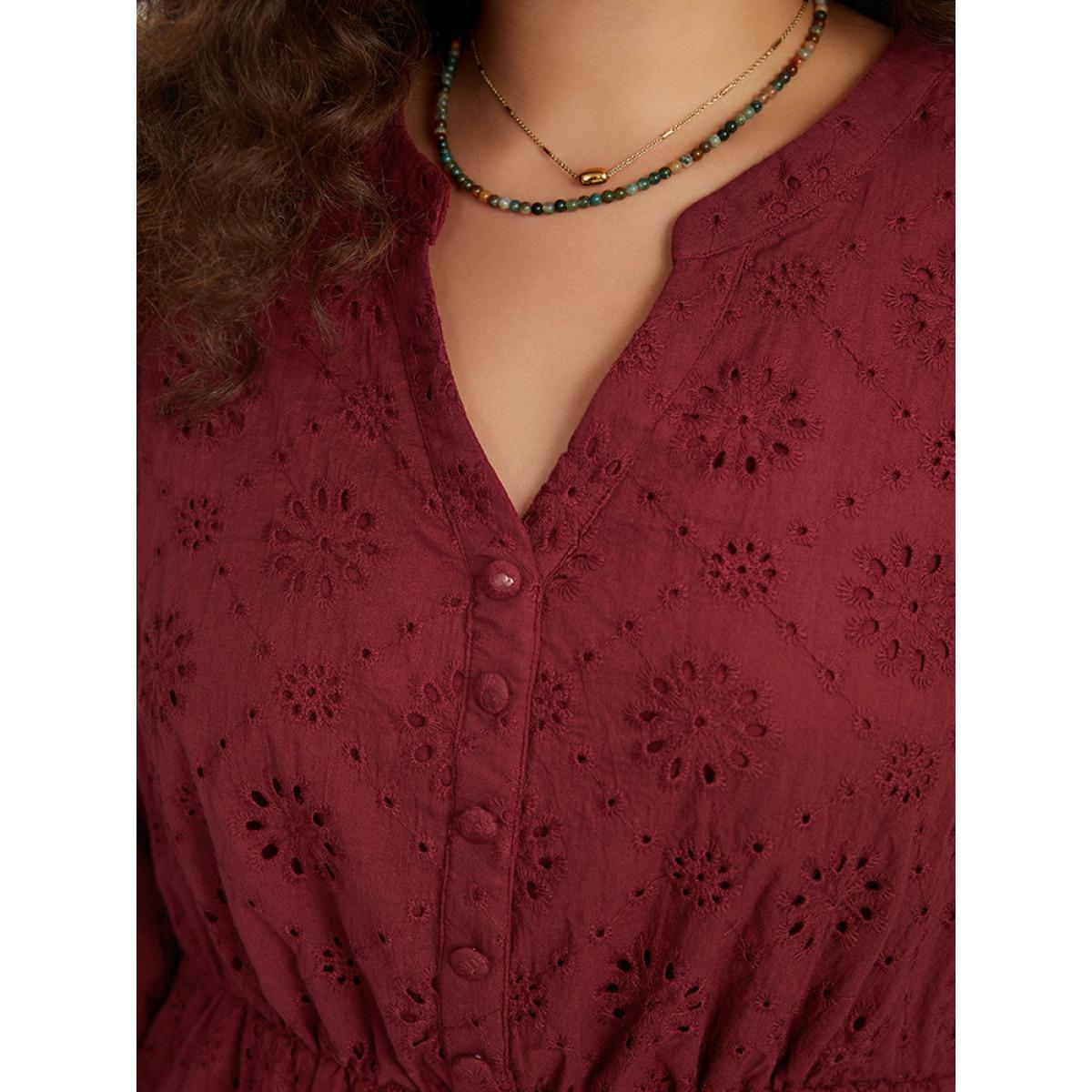 Plus Size Plain Geometric Eyelet Notched Lantern Sleeve Dress Burgundy Women Vacation Elastic cuffs Notched collar Long Sleeve Curvy Midi Dress BloomChic 12/L Product Image