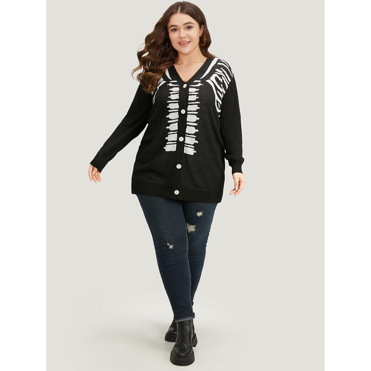 Plus Size Halloween Skull Print Slightly Stretchy Cardigan Black Women Casual Loose Long Sleeve Festival-Halloween Cardigans BloomChic 14-16/1X Product Image