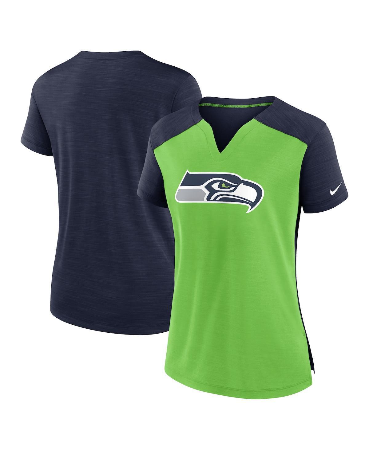 Women's Nike Neon Green/College Navy Seattle Seahawks Impact Exceed Performance Notch Neck T-Shirt, Size: Small, Brt Gr Product Image