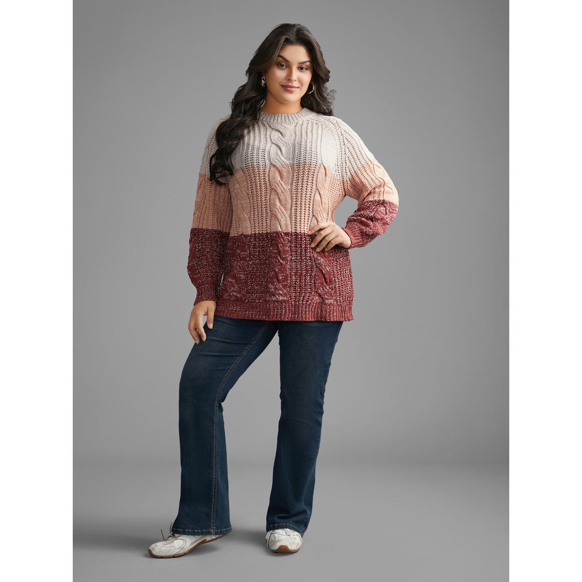Plus Size Contrast Textured Cable Knit Pullover Rust Women Casual Loose Long Sleeve Round Neck Everyday Pullovers BloomChic 12/L Product Image
