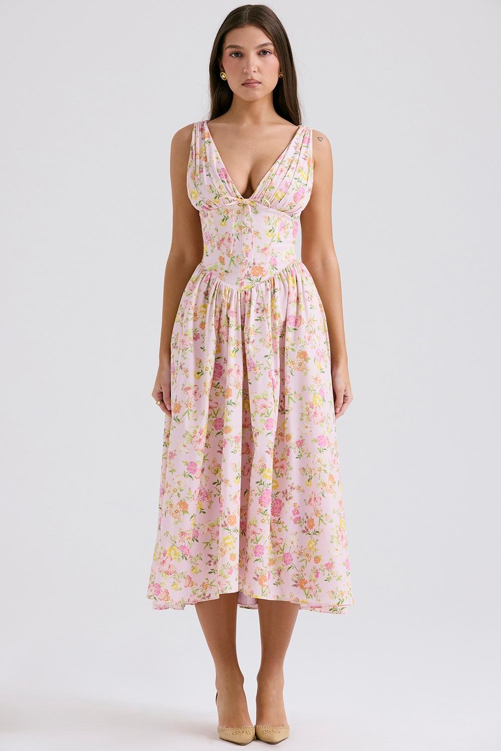 Emmelina Pink Meadow Print Cotton Corset Sundress Product Image