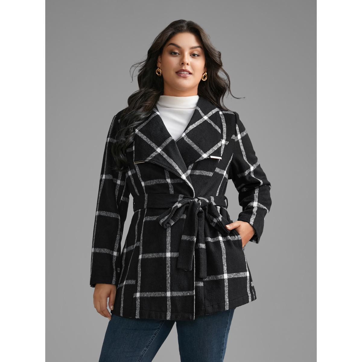 Plus Size Plaid Lapel Collar Belted Jacket Women Black Belted Slanted pocket Belt Everyday Jackets BloomChic 14-16/1X Product Image