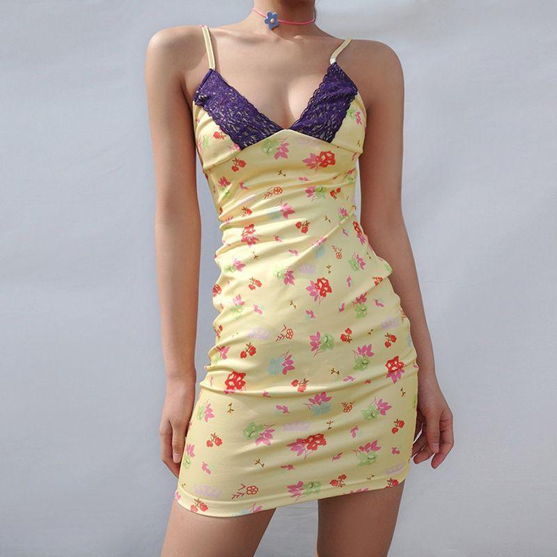 Spaghetti-Strap V-Neck Floral Print Lace-Panel Mini Bodycon Dress Product Image