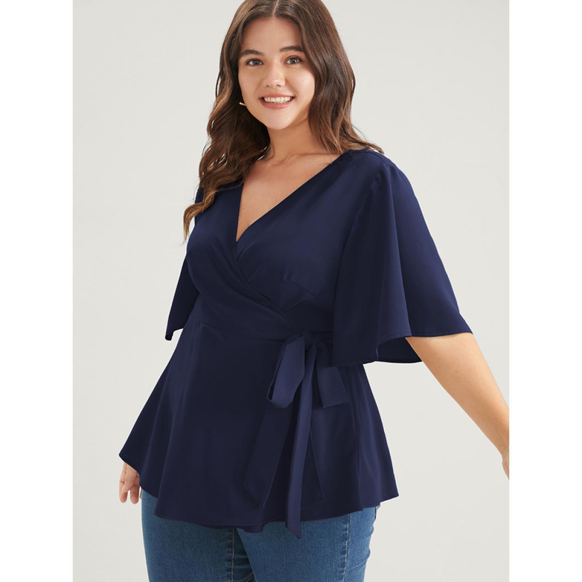 Plus Size Indigo Plain Ruffles Button Belted Wrap Babydoll Blouse Women Elegant Short sleeve V-neck Dailywear Blouses BloomChic 30/6X Product Image
