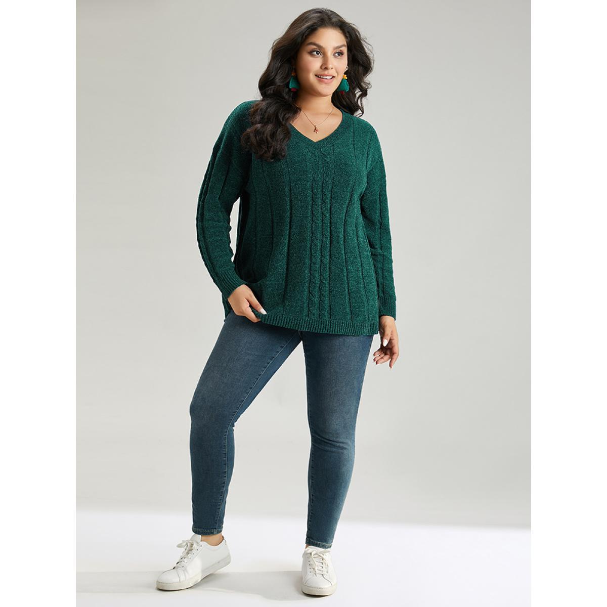 Plus Size Christmas Plain Cable Knit V Neck Pullover Emerald Women Casual Loose Long Sleeve V-neck Festival-Christmas Pullovers BloomChic 14-16/1X Product Image