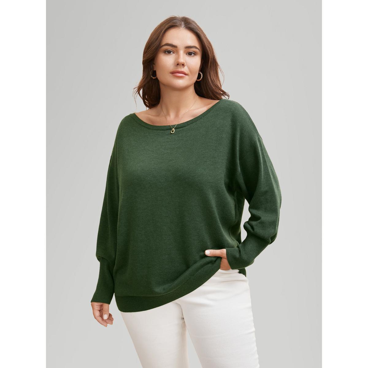 Plus Size Supersoft Essentials Boat Neck Drop Shoulder Pullover ArmyGreen Women Elegant Long Sleeve Boat Neck Everyday Pullovers BloomChic 14-16/1X Product Image