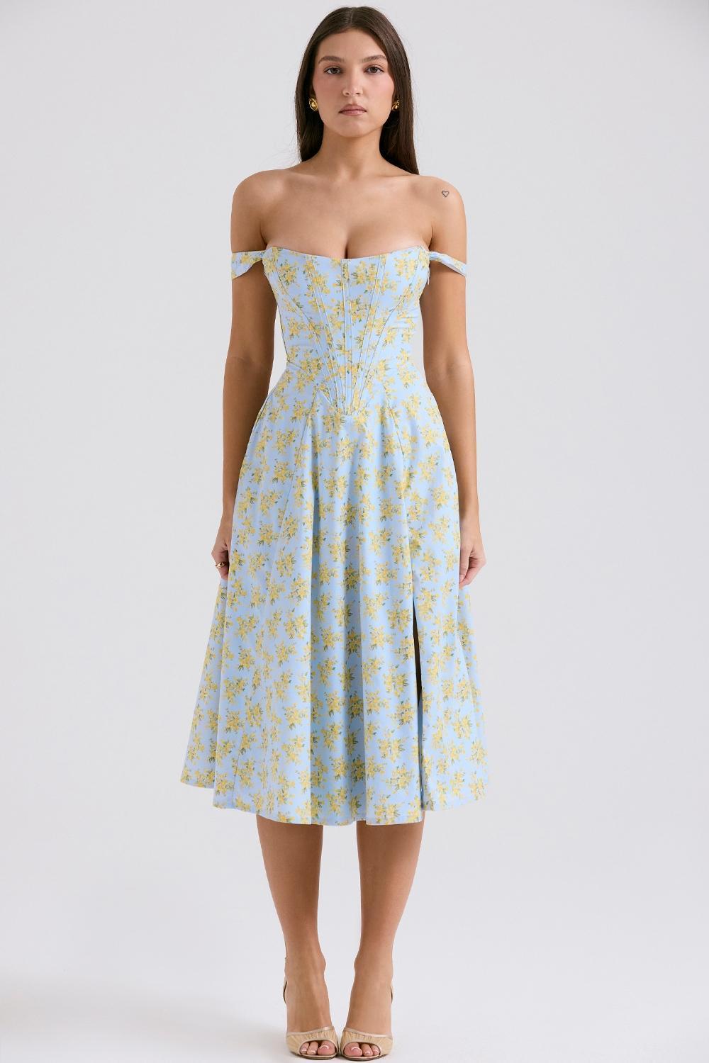 Saira Soft Blue Vintage Floral Print Cotton Midi Sundress Product Image