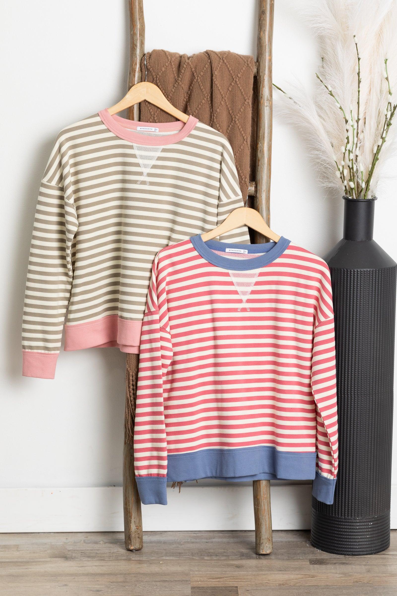 Crewneck Stripe Long Sleeve Knit Top Product Image