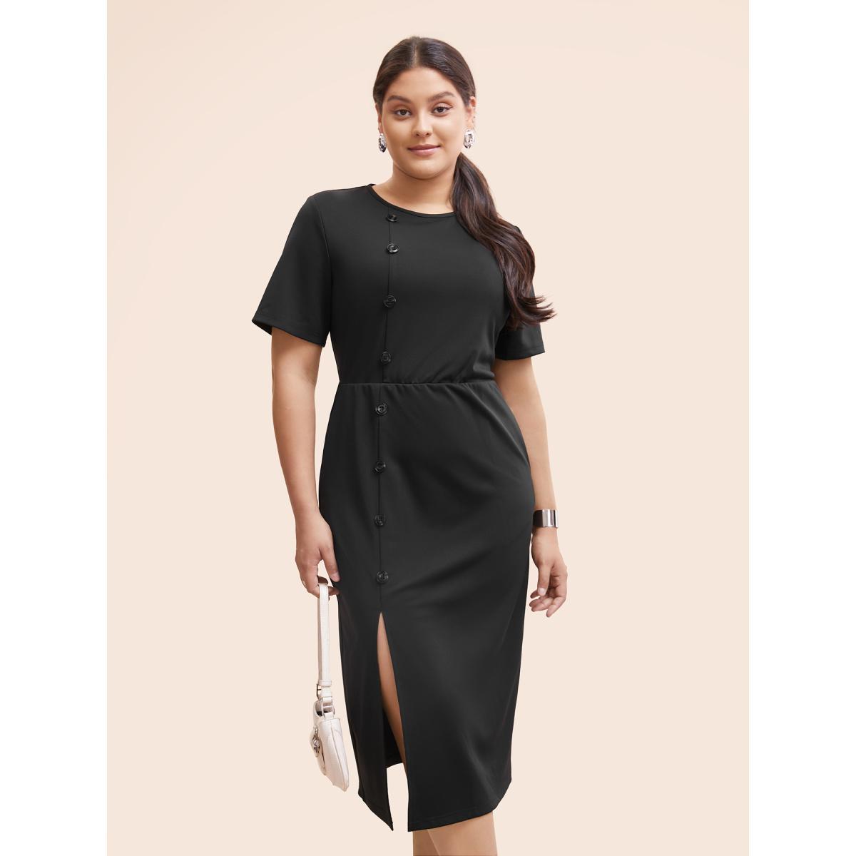 Plus Size Round Neck Button Detail Split Hem Dress Black Women At the Office Button Round Neck Short sleeve Curvy BloomChic 26/4X Product Image