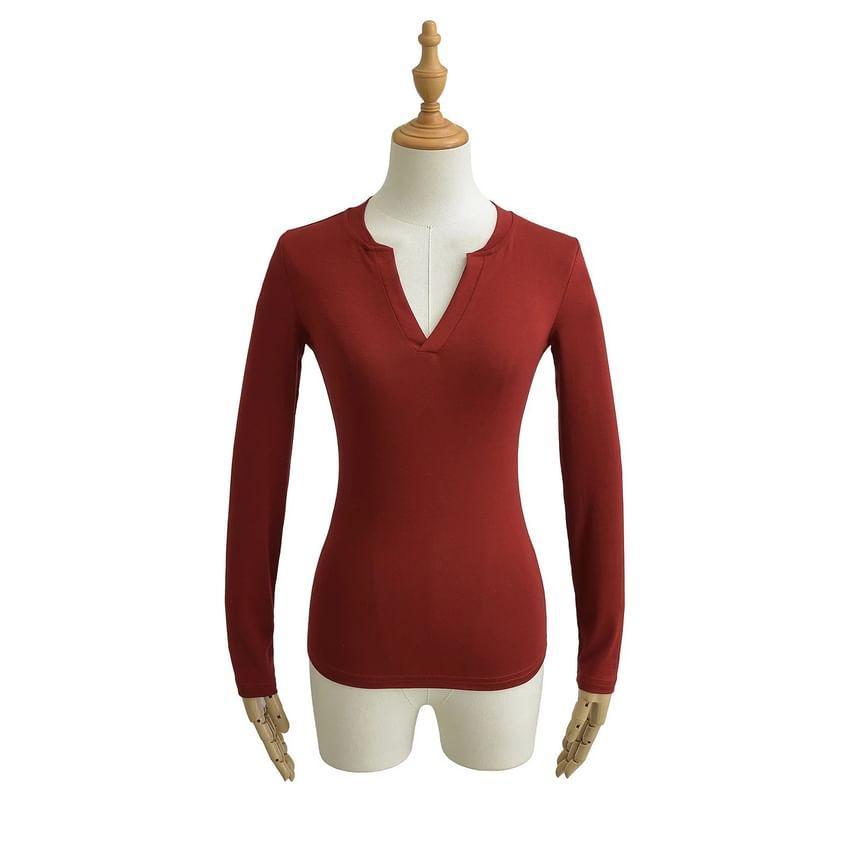 Long-Sleeve Notched Plain Top Product Image
