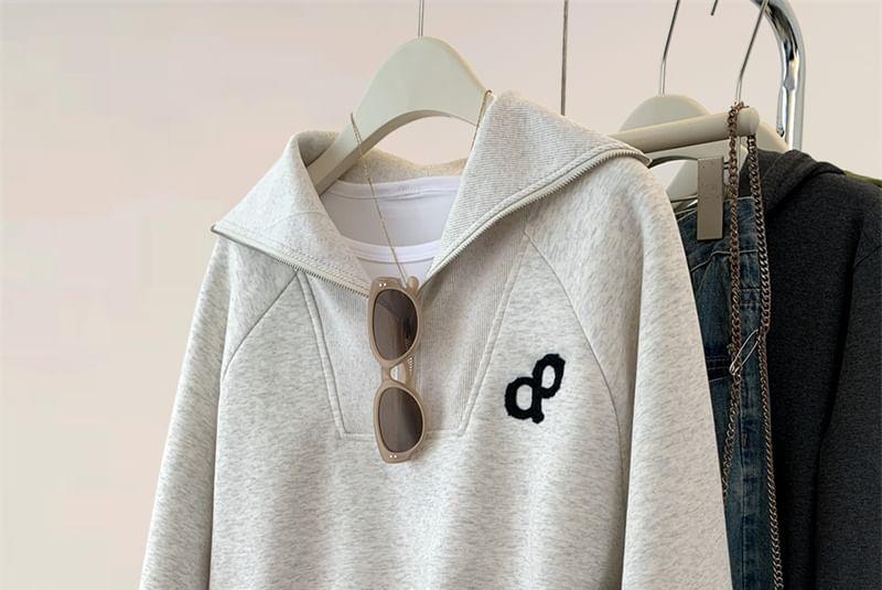 Long Sleeve Half-Zip Embroidered Plain Loose-Fit Pullover Product Image
