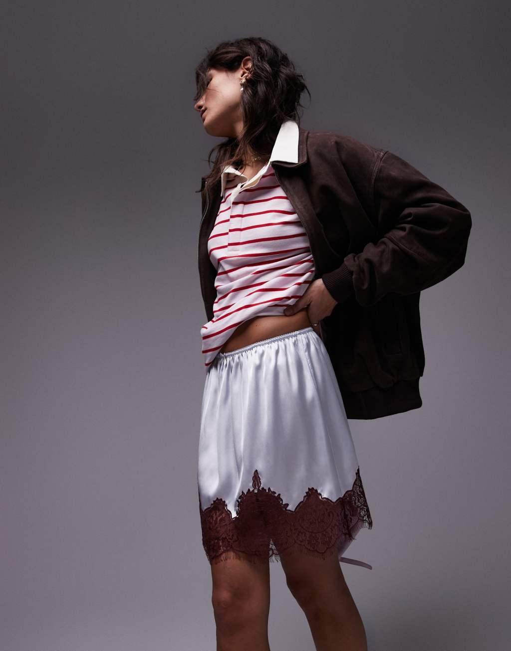Topshop satin lace petticoat in silver blue with burgundy lace Product Image