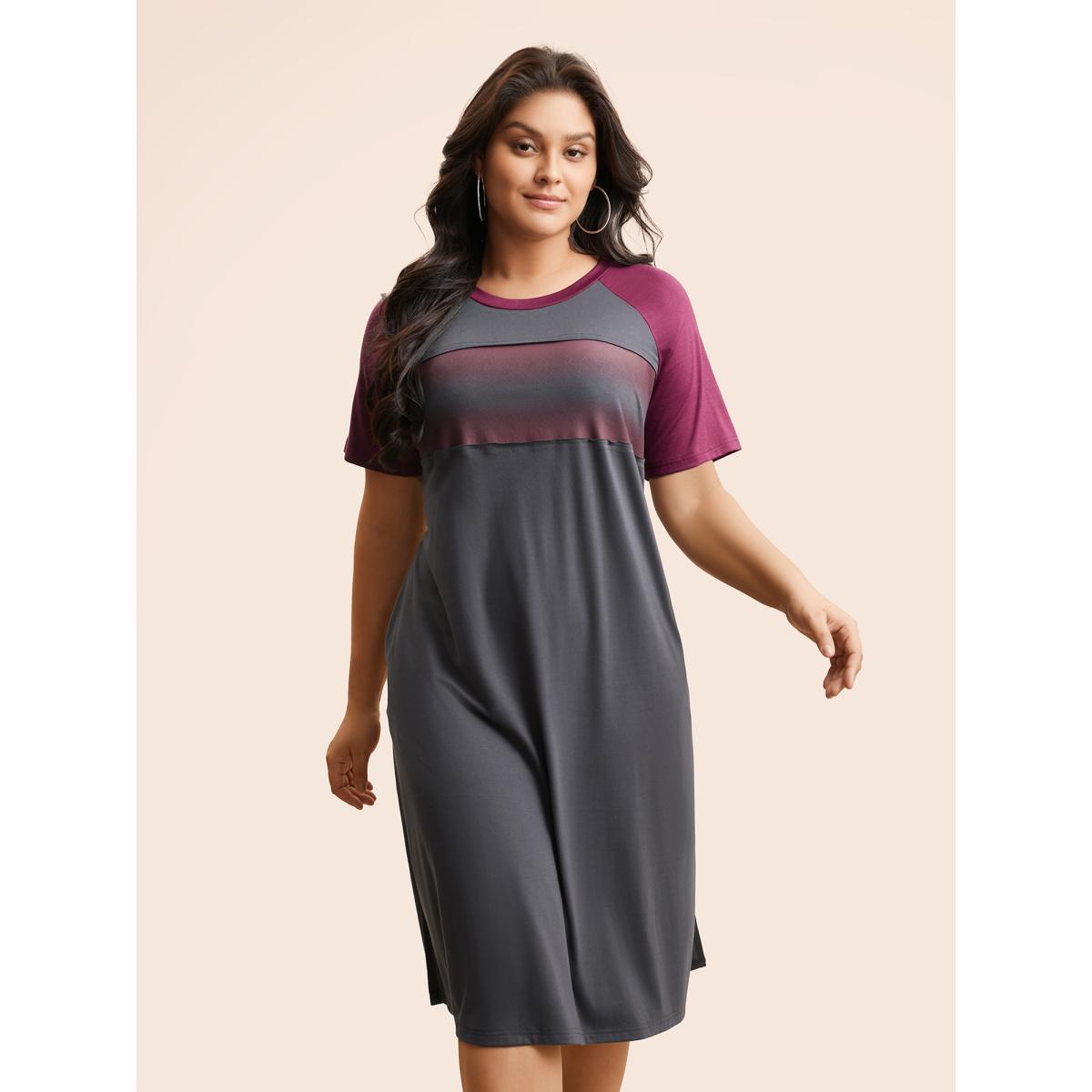 Plus Size Ombre Contrast Patchwork Split Hem Dress DimGray Women Casual Contrast Round Neck Short sleeve Curvy BloomChic 12/L Product Image