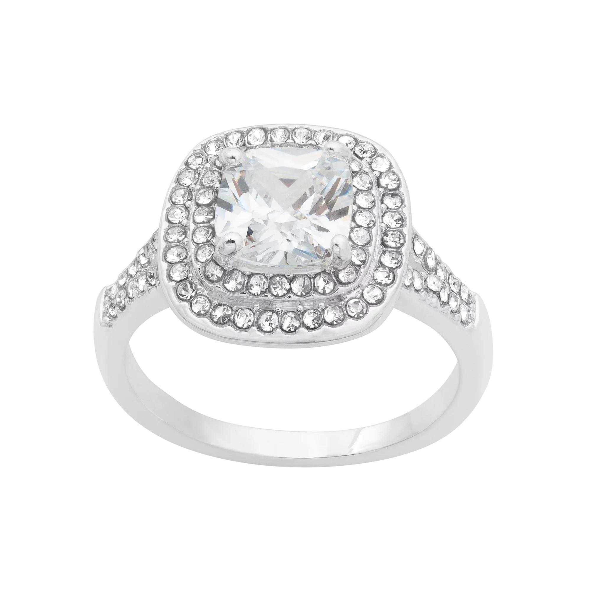 City Luxe Silver Tone Clear Cubic Zirconia Cushion Cut Double Halo Ring, Women's, Size: 7 Product Image