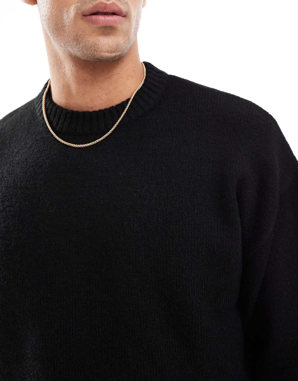 Jack & Jones oversized fluffy crew neck sweater in black  Product Image