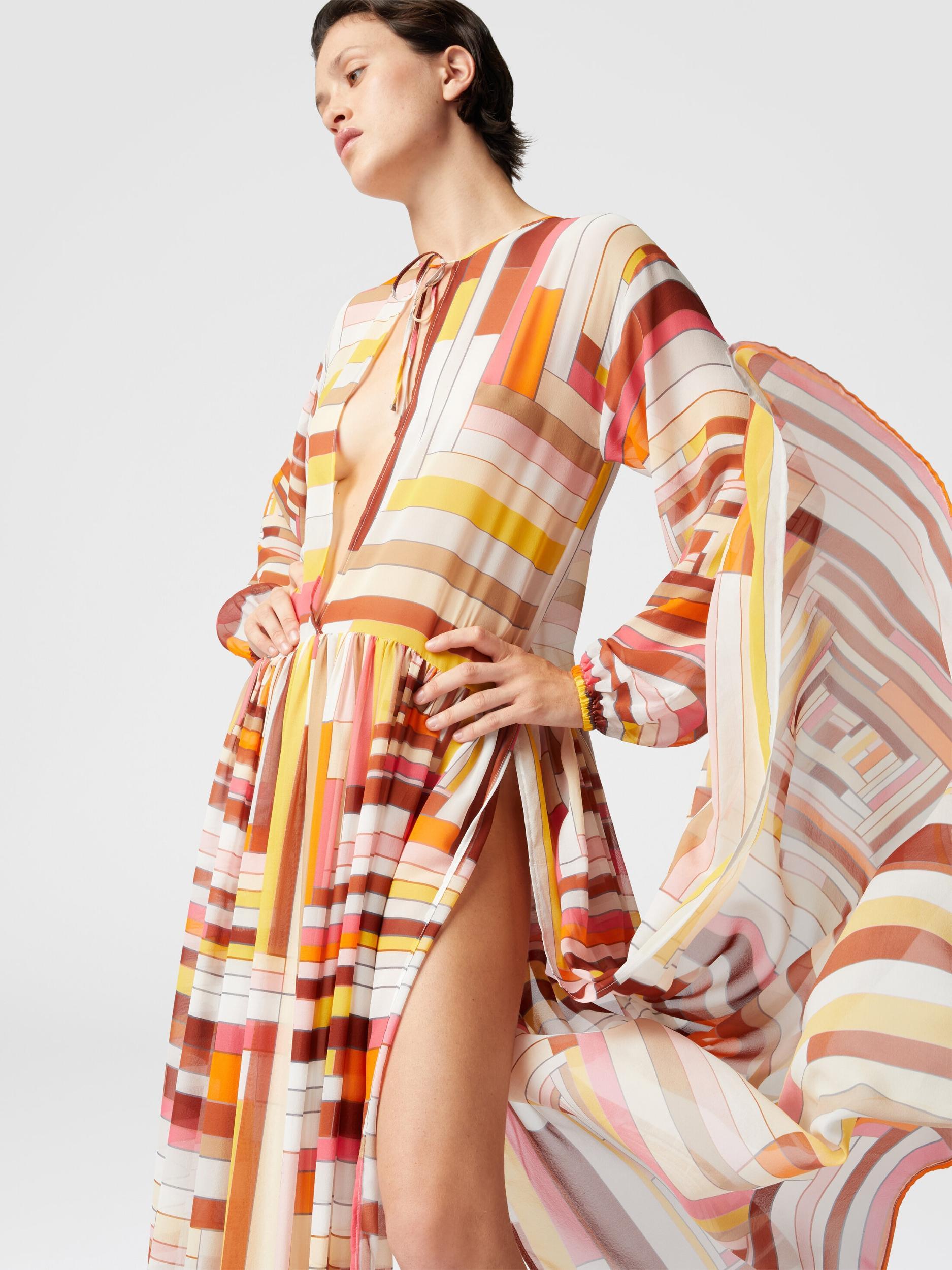 Long cover-up dress in printed silk with long sleeves Product Image