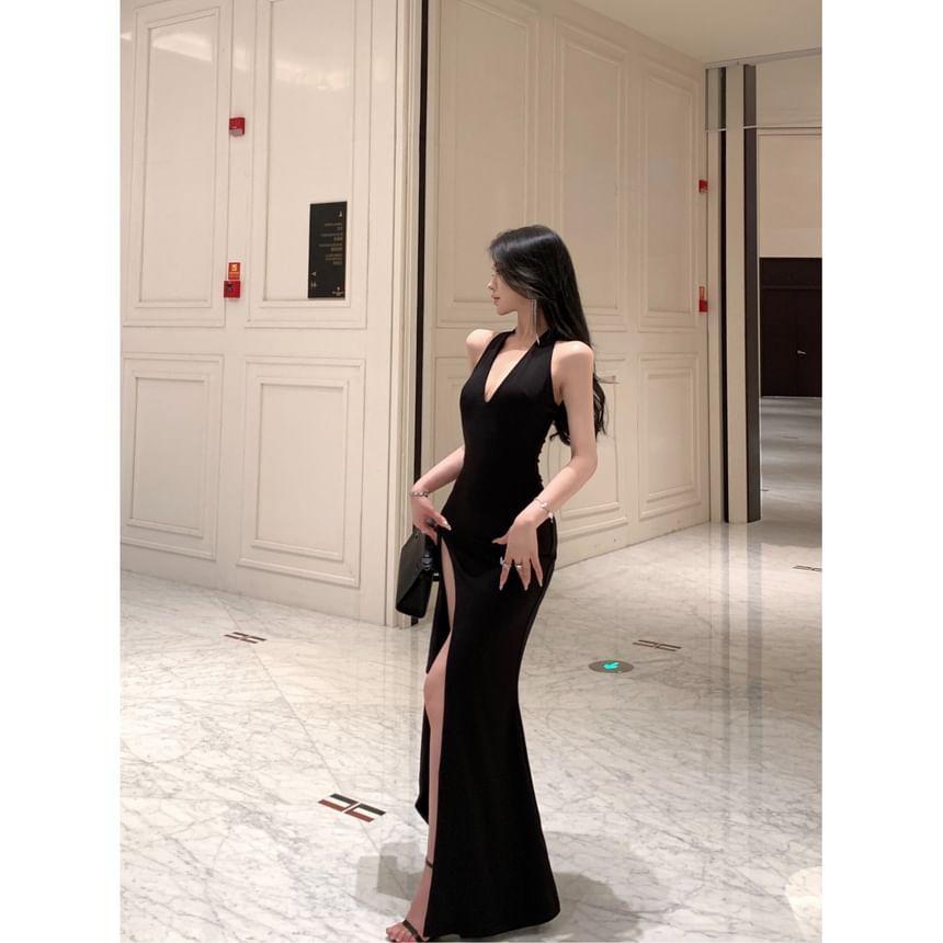 Halter Plain Side-Slit Maxi Sheath Dress Product Image