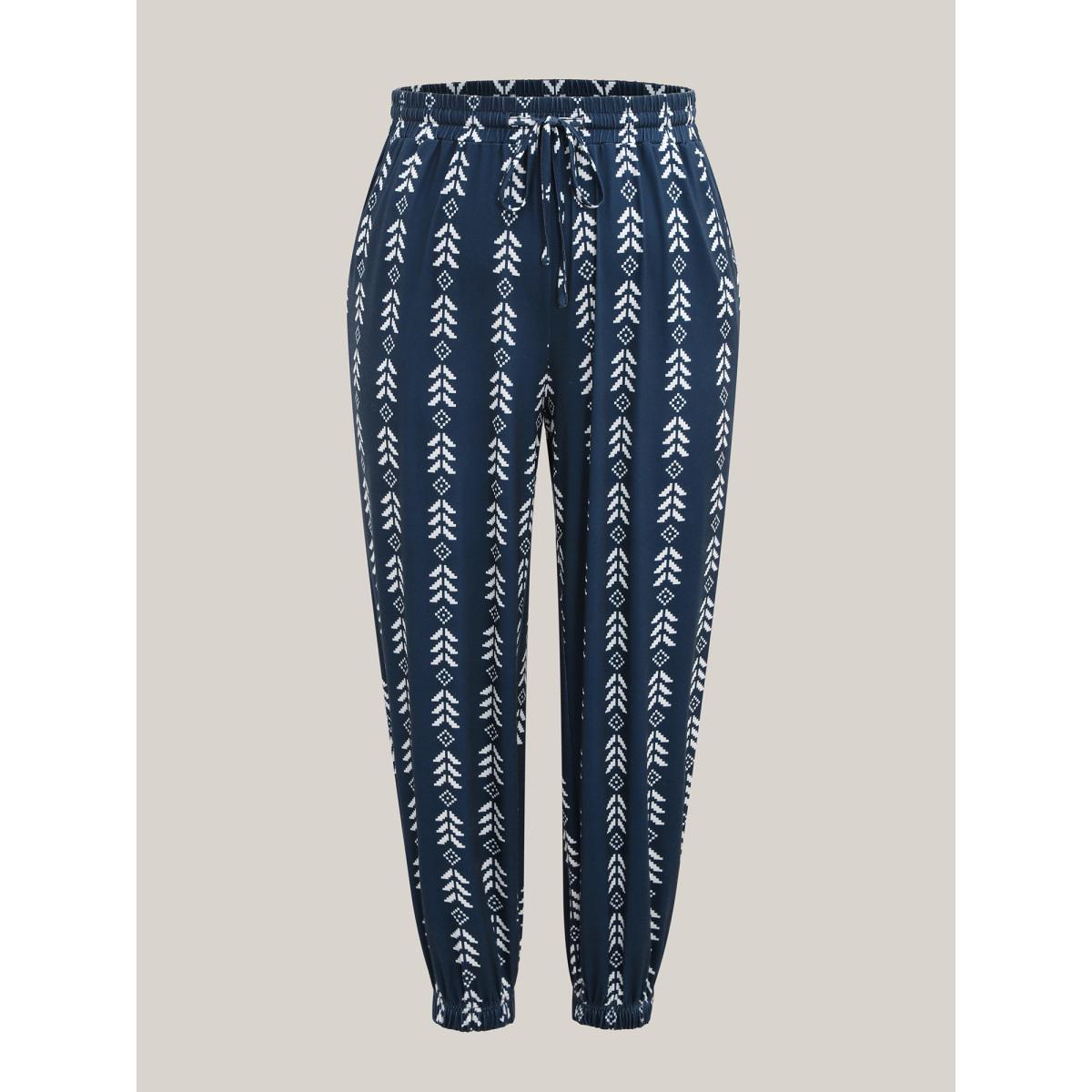 Plus Size Boho Geometric Print Stretchy Waist Pants Women Indigo Casual Mid Rise Everyday Pants BloomChic 12/L Product Image