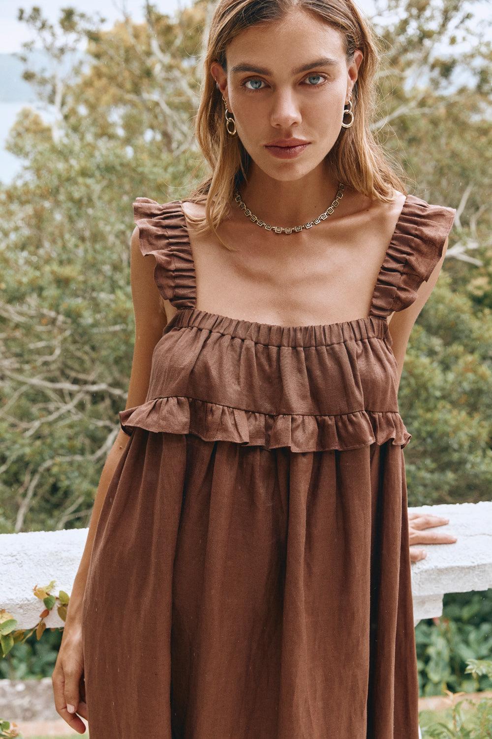 Rossana Linen Maxi Dress Chocolate Product Image