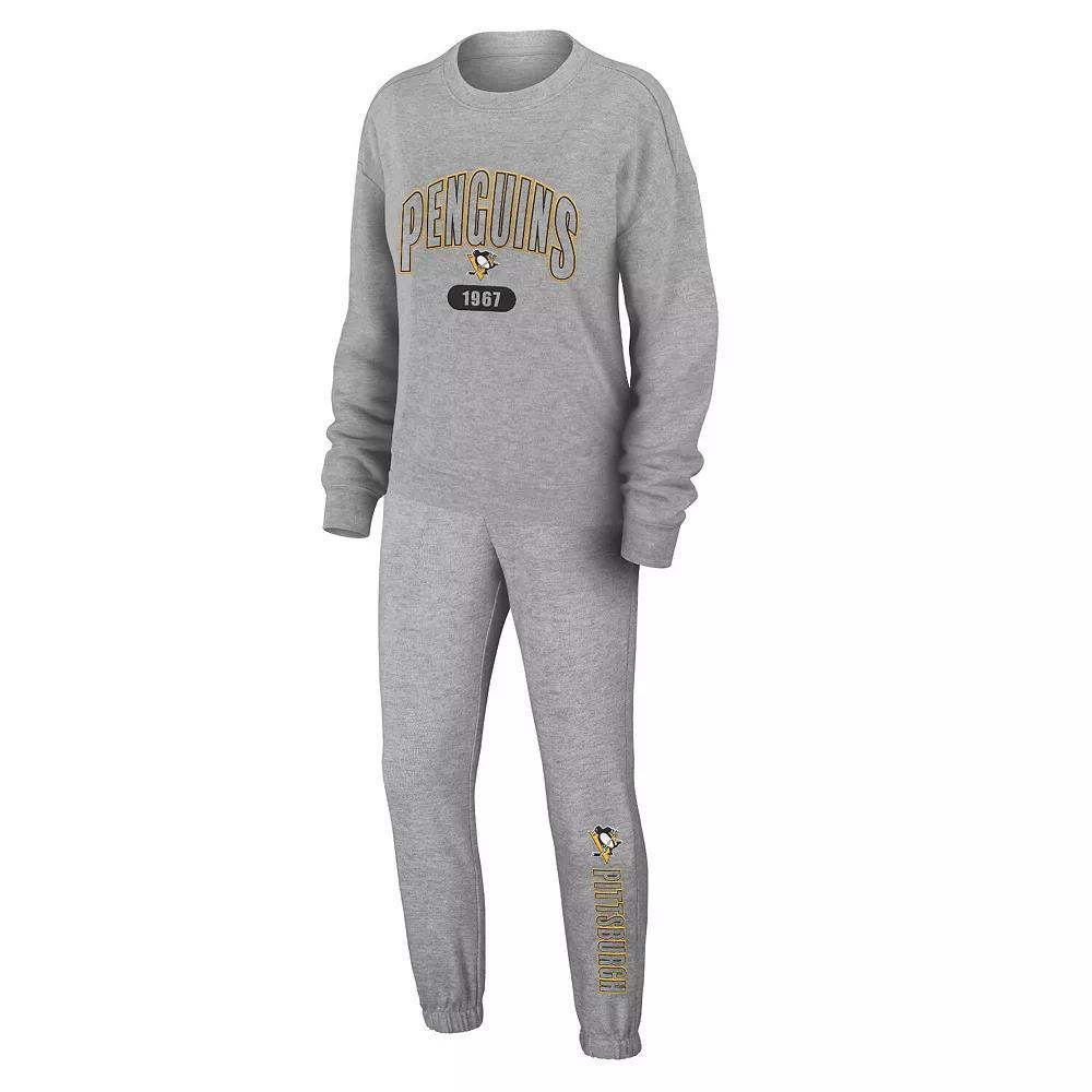 Women's WEAR by Erin Andrews Heather Gray Pittsburgh Penguins Knit Long Sleeve Tri-Blend T-Shirt & Pants Sleep Set, Size: XL, Grey Product Image