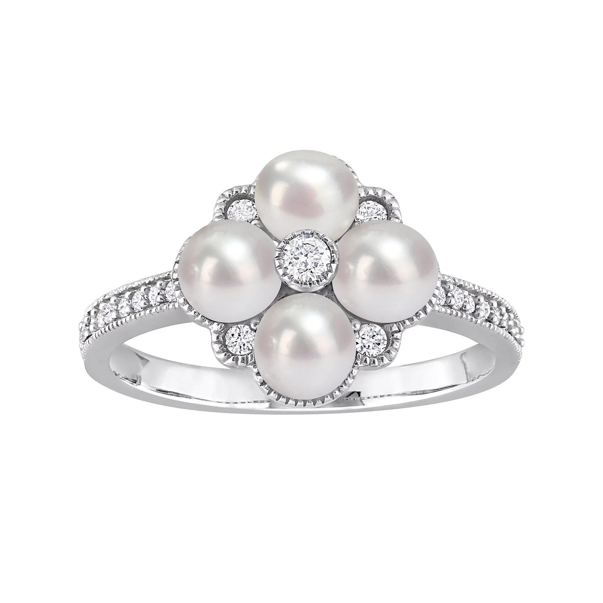 Stella Grace 14k White Gold Freshwater Cultured Pearl & 1/6 Carat T.W. Diamond Cluster Ring, Women's, Size: 8 Product Image