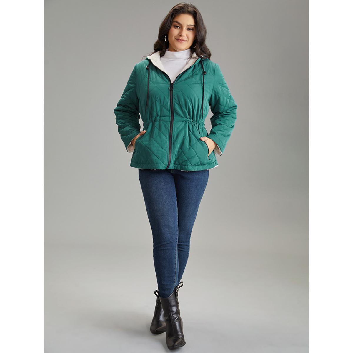 Plus Size Drawstring Quilted Zipper Fluffy Patchwork Jacket Women DarkGreen Texture Pocket Everyday Jackets BloomChic 26/4X Product Image