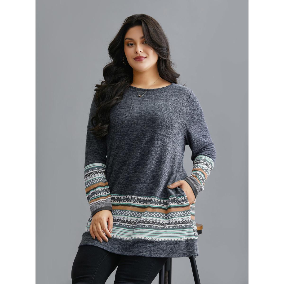 Plus Size Tunic Boho Print Pocket T-shirt Indigo Women Casual Contrast Round Neck Loose Everyday T-shirts BloomChic 22-24/3X Product Image