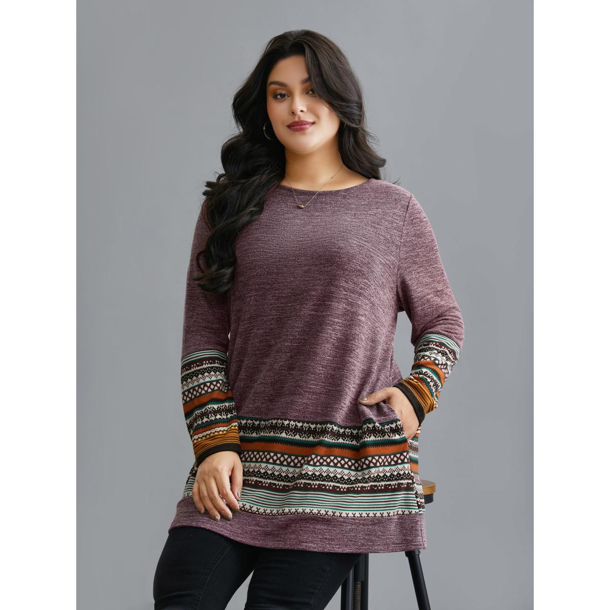 Plus Size Tunic Boho Print Pocket T-shirt Deeppurplered Women Casual Contrast Round Neck Loose Everyday T-shirts BloomChic 28/5X Product Image