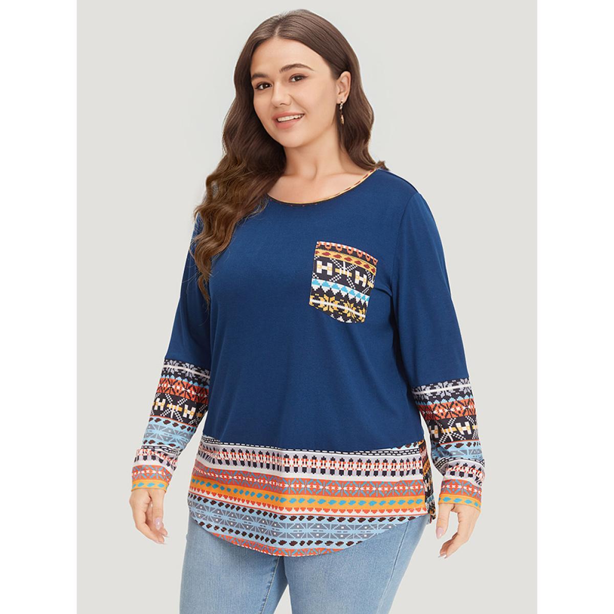 Plus Size Bandana Print Patched Pocket Curved Hem T-shirt Blue Women Elegant Patchwork Bohemian Print Round Neck Dailywear T-shirts BloomChic 18-20/2X Product Image
