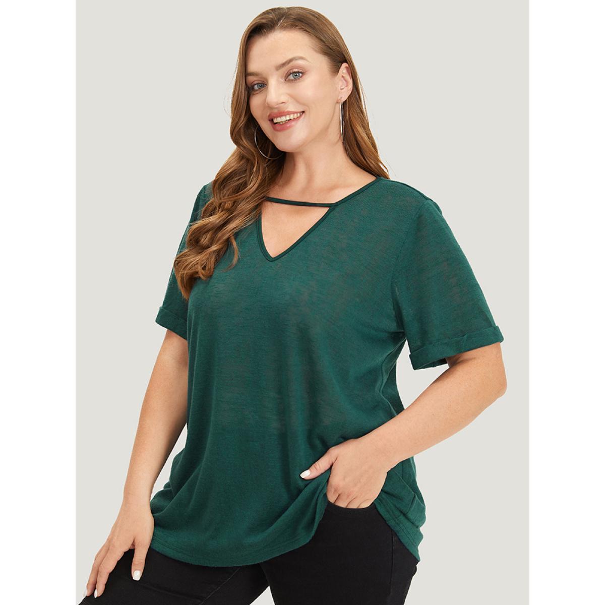 Plus Size Solid Keyhole Mesh Cuffed Sleeve T-shirt DarkGreen Women Casual See through Plain Keyhole Cut-Out Dailywear T-shirts BloomChic 14-16/1X Product Image