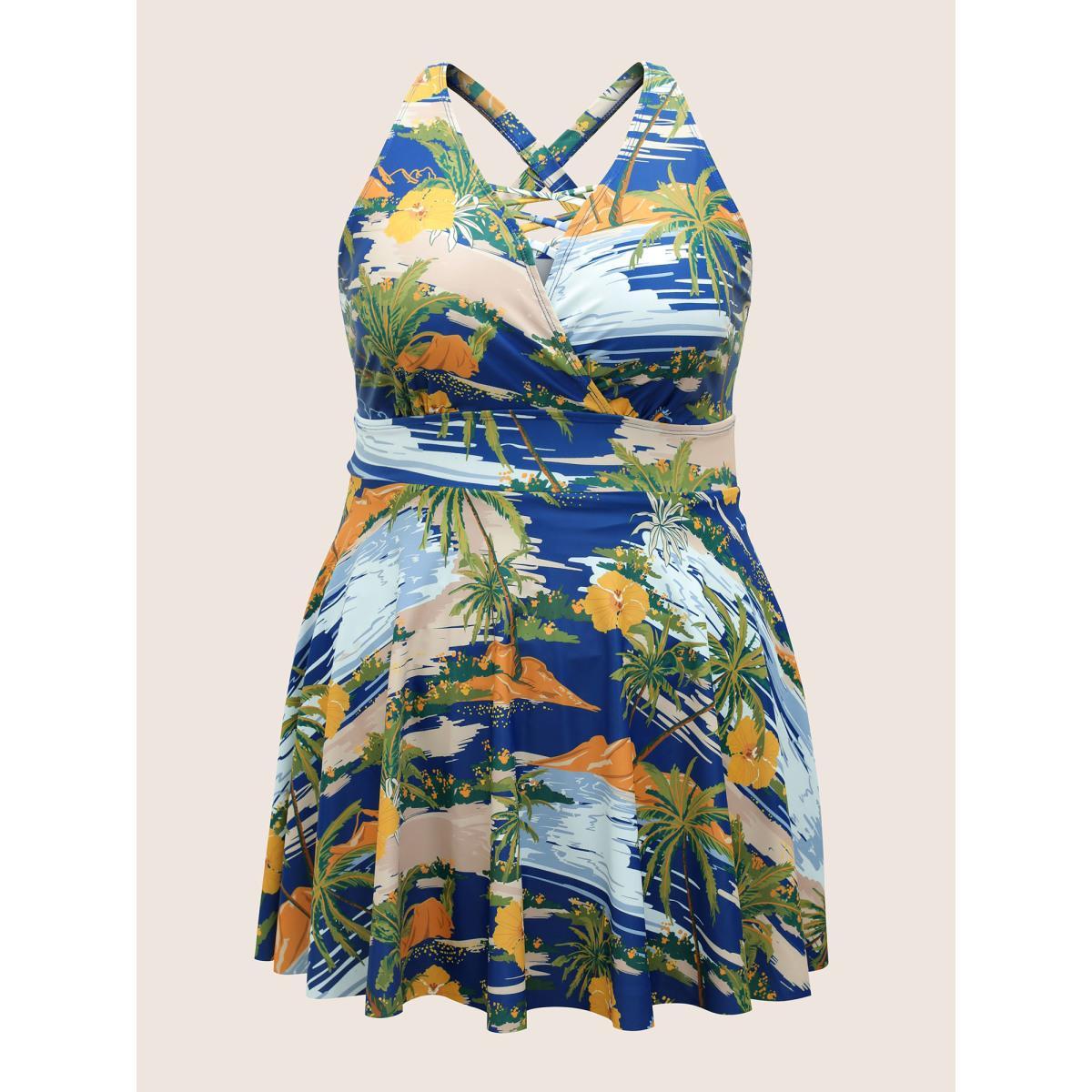 Plus Size Tropical Print Crisscross Cut Out Swim Dress Women's Swimwear Multicolor Beach Bodycon V-neck High stretch Curve Swim Dresses BloomChic 12/L Product Image
