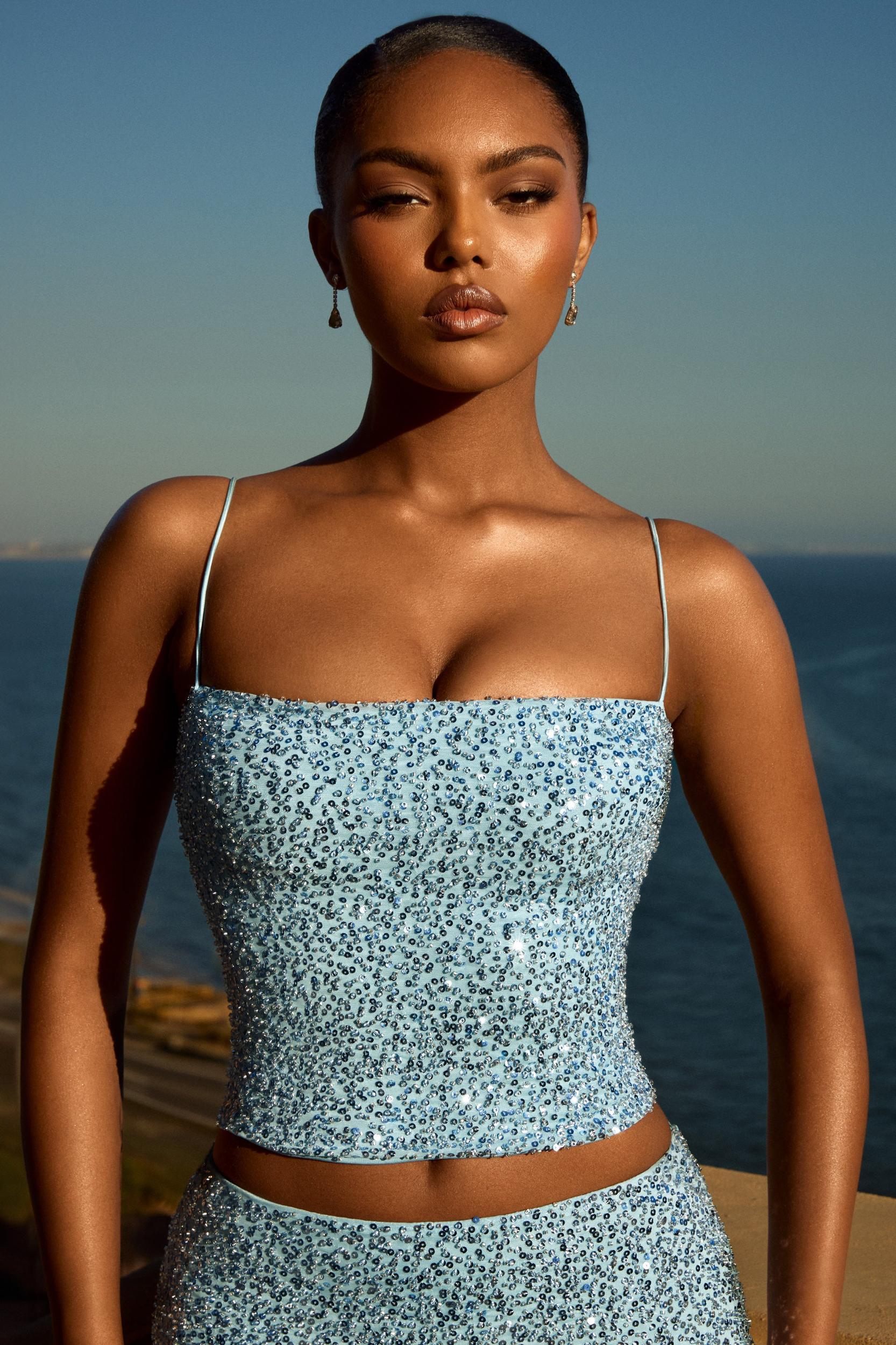 Embellished Square-Neck Top in Light Blue Product Image