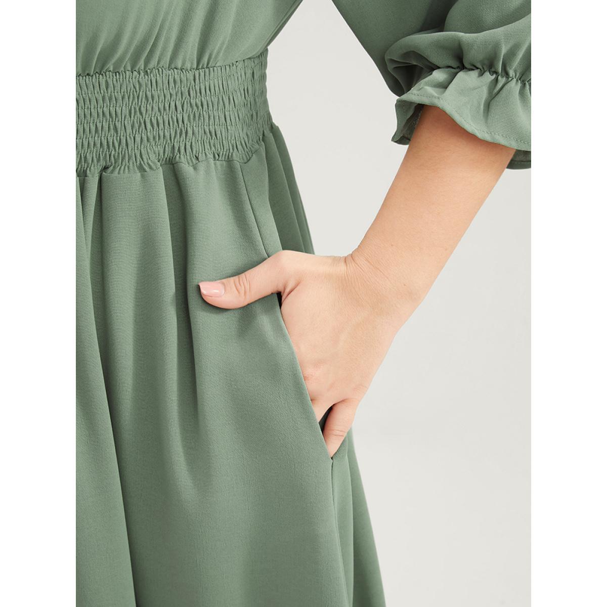 Plus Size Plain Lantern Sleeve Button Detail Pocket Shirred Ruffle Hem Dress Mint Women Elegant Patchwork V-neck Elbow-length sleeve Curvy Midi Dress BloomChic 10/M Product Image