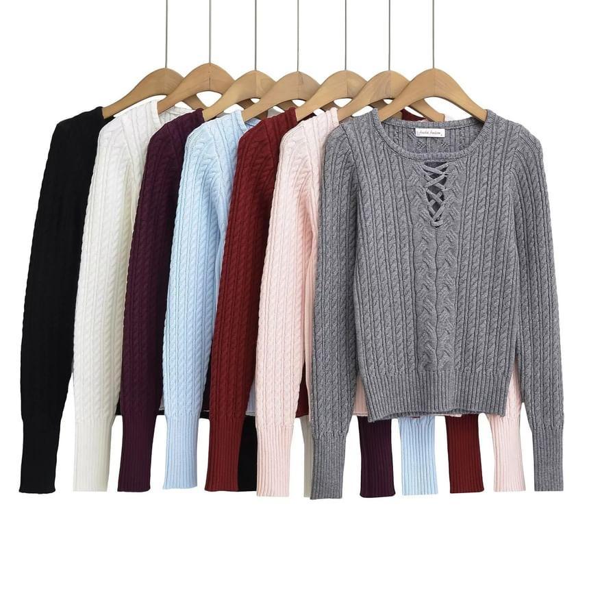 Long Sleeve Crew Neck Cropped Cable Knit Top Product Image